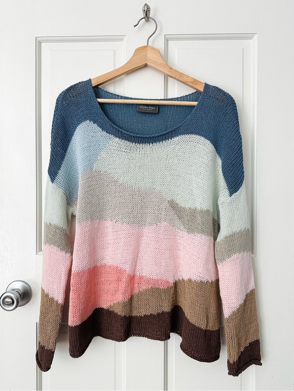 Wooden Ships Cotton Multicolor Wave Crewneck Sweater Blue Pink Brown S/M